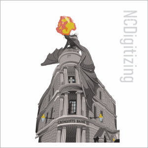 Gringotts Bank Dragon Embroidery Digitizing Design | Fantasy Building Embroidered Artwork